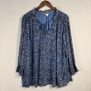 Cato Womens Blue Floral Ditsy Mesh Blouse Tie Neck Long Sleeve Plus Size 26/28W